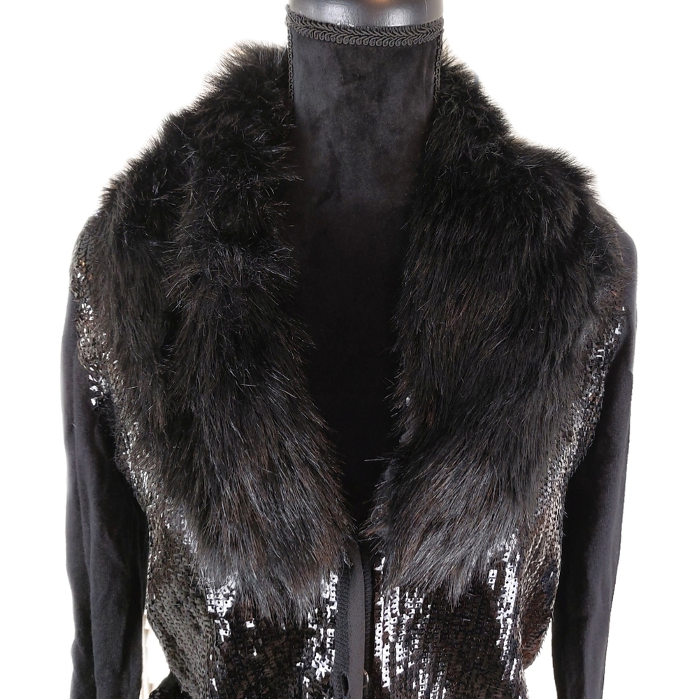 Jones New York Petite Black Fur Collar Wool Blend Sequins Cardigan Sz PM NWT - Picture 2 of 9